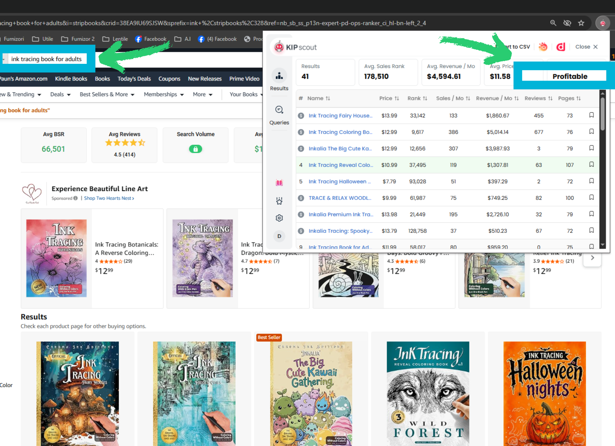 KIP Scout rulat pe un keyword - arată BSR, review-uri, venit estimat pe zi